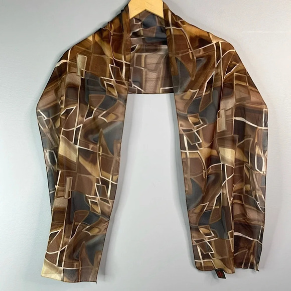 DANIER Silky Semi Sheer Geometric Print Rectangular Scarf Earth Tones Hair Neck - Picture 3 of 9